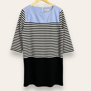 LOFT Outlet Dress Shift Striped Chambray Large Women Black White Blue 3/4 Sleeve
